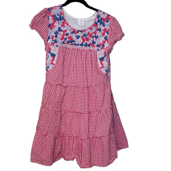 J. Marie 100% Cotton Pink White Checkered Floral Embroidered Mini Dress Size XS - Picture 1 of 4